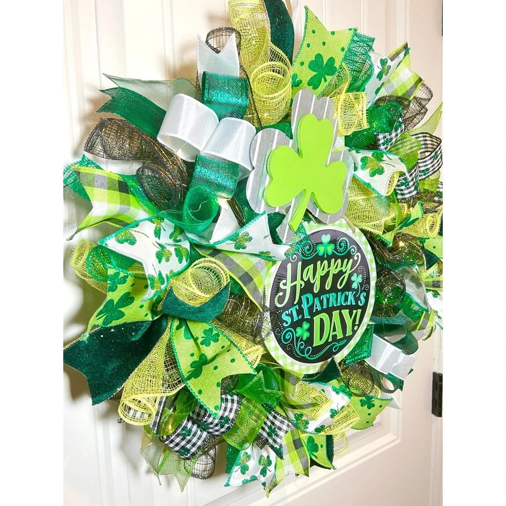 Handmade Happy St. Patrick’s Day Ribbon Prelit Wreath 22 ins LED W8